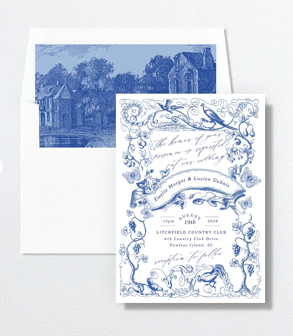 blue toile wedding stationary